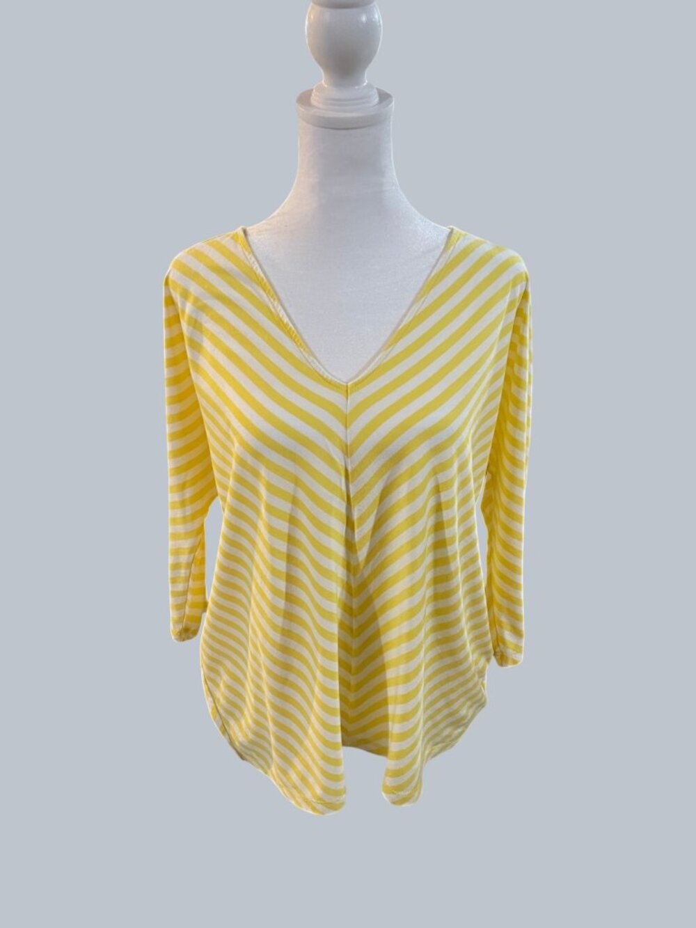 American Living Yellow and White Stripe V-Neck Top, 3/4 length sleeves, Size XL